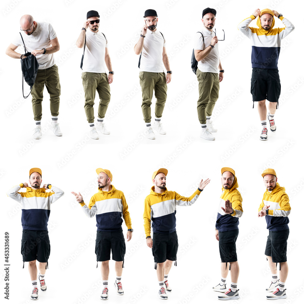Obraz premium Set of nerdy style and urban trendy males searching, walking, checking time and greeting gestures. Full length people isolated on white background