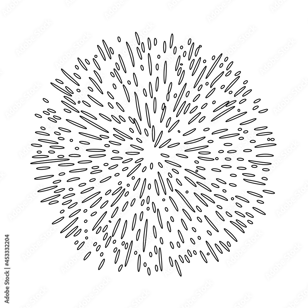 Explosion effect of random radial black thin lines on a white background. Floral abstract circular pattern for printing on pillows, T-shirts, covers. Explosion effect of random radial black thin lines on a white background. Floral abstract circular pattern for printing on pillows, T-shirts, covers.