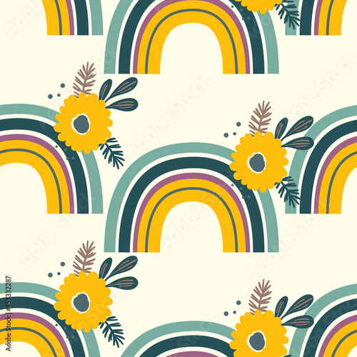 Trendy seamless pattern with colorful rainbow, flowers on color background. Design for invitation, poster, card, fabric, textile, fabric. Cute holiday illustration for baby. Scandinavian doodle style