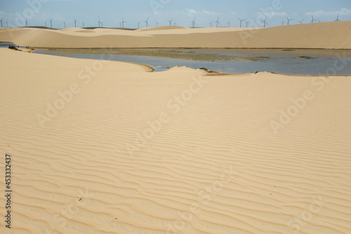 Pequenos Lencois  on Barreirinhas  Maranhao  Brazil. dunes and windmills on background