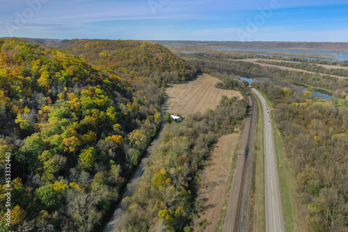 Autumn Bluffs, Fields, Railroad Tracks, Road and Lakes