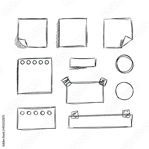 Vector Drawn Memo Papers and Stickers, Adhesive Sticky Notes, Doodle Drawings, Black Outline Illustrations Set Isolated on White Background.