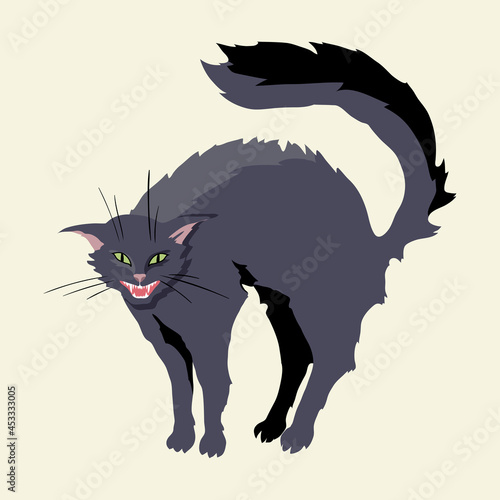 Hissing witch cat. Hand drawn vector illustration isolated on background.