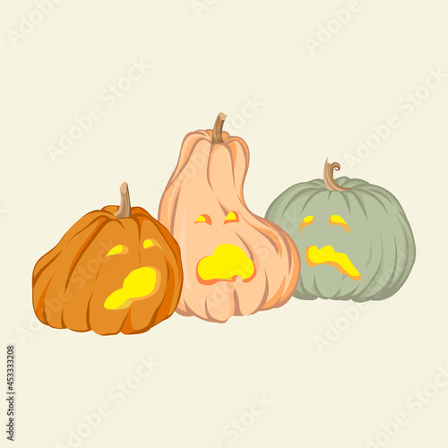 Singing Halloween pumpkins. Hand drawn vector illustration isolated on background.