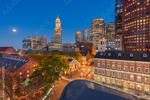 Boston, Massachusetts, USA skyline with Faneuil Hall and Quincy Market