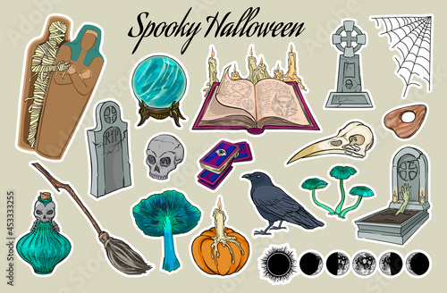 Halloween sticker set. Mummy , graves, tombstones, a crystal ball, witch's broom, grimoire, skulls, poison, shrooms, crows, candles, webs, tarot. Hand drawn vector illustration isolated on background.