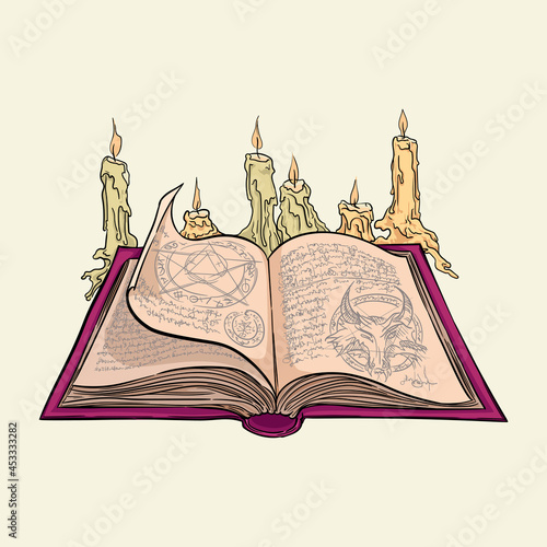 Witch's grimoire with candles. Hand drawn vector illustration isolated on background.