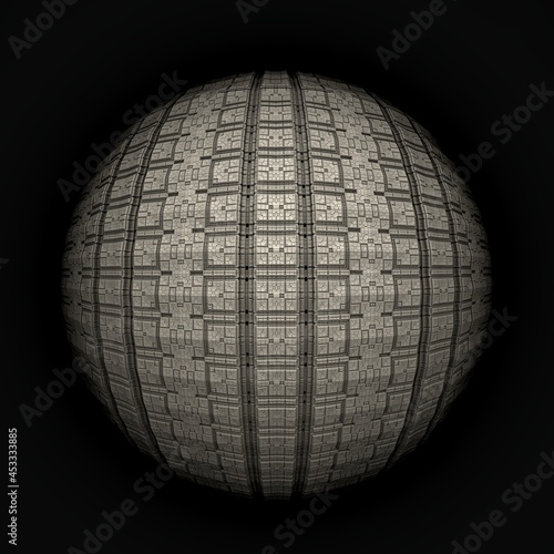 An isolated sphere with recursive 3D fractal structures and a dark background. photo