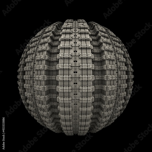 An isolated sphere with recursive 3D fractal structures and a dark background.