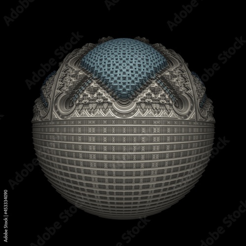 An isolated sphere with recursive 3D fractal structures and a dark background.