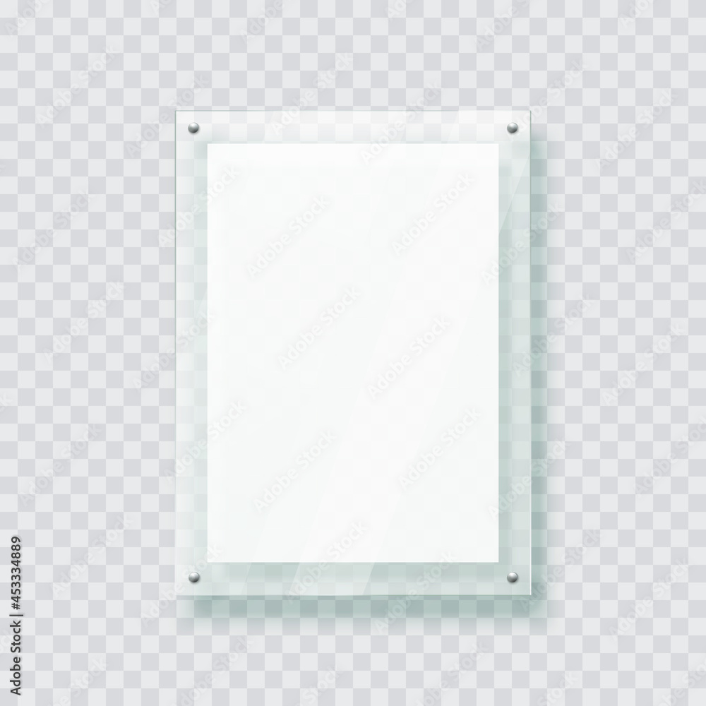 Acryl board frame hanging on the transparent wall. Isolated 3d plastic plate, realistic photo or poster mockup, acrylic banner with shadow. - obrazy, fototapety, plakaty 