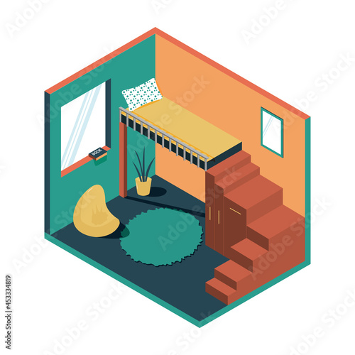 Boy Room in Isometric Style. Bed uder the ceiling. Cabinet and the strairs are two in one. Book on the window. Bean Bag Chair and Carpet on the floor.