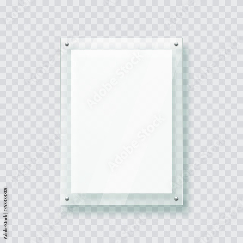 Acryl board frame hanging on the transparent wall. Isolated 3d plastic plate, realistic photo or poster mockup, acrylic banner with shadow.