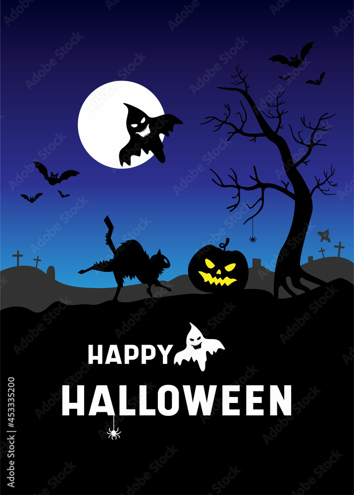 Halloween poster with pumpkins, ghosts, black cat, gloomy graveyard landscape. Festive postcard. Vector illustration.