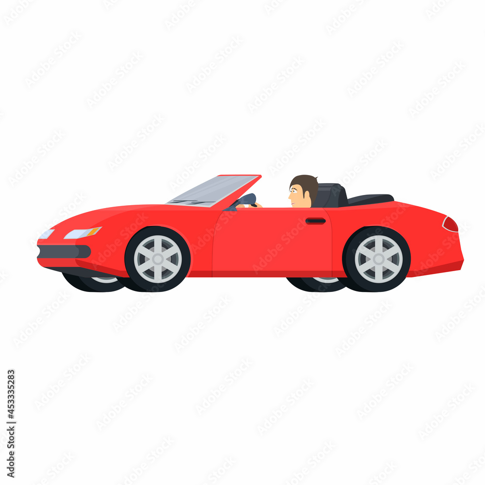 Convertible. The driver eats on the car, vector illustration