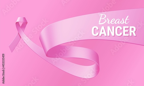Beautiful Breast Cancer Awareness Realistic Ribbon with Wide Edge and White Text on Pink Color Background. 3d Illustration of Symbol of Breast Cancer Awareness Month Campaign