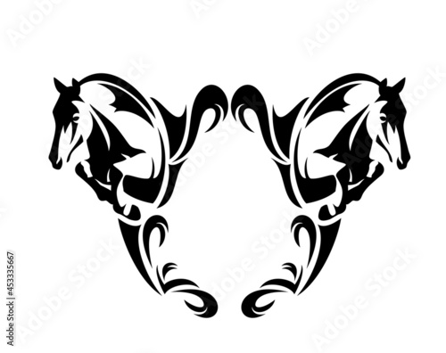 two jumping mustang horses and heraldic style copy space blank frame black and white vector design