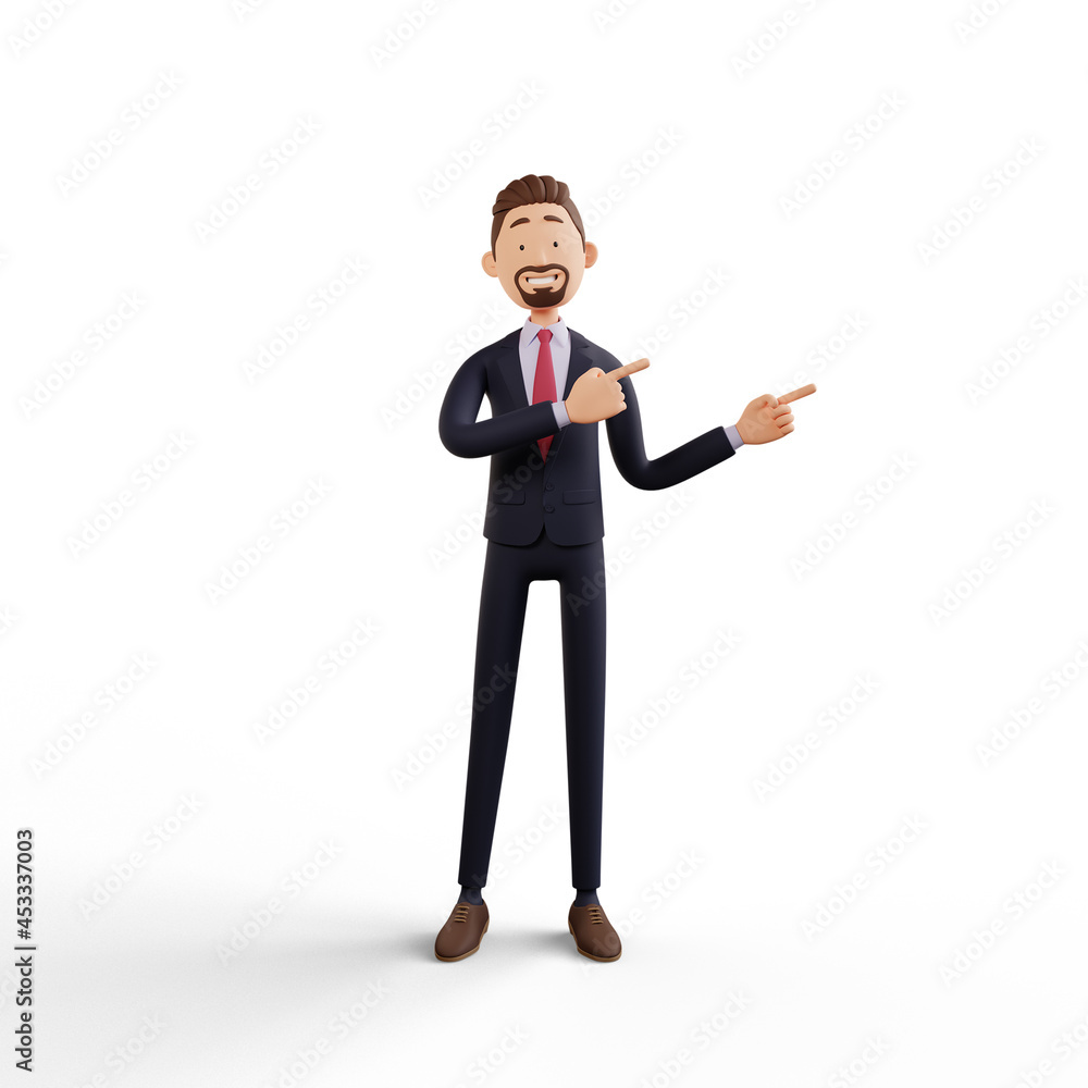 3d business man character render pointing on left side with two hand in white background