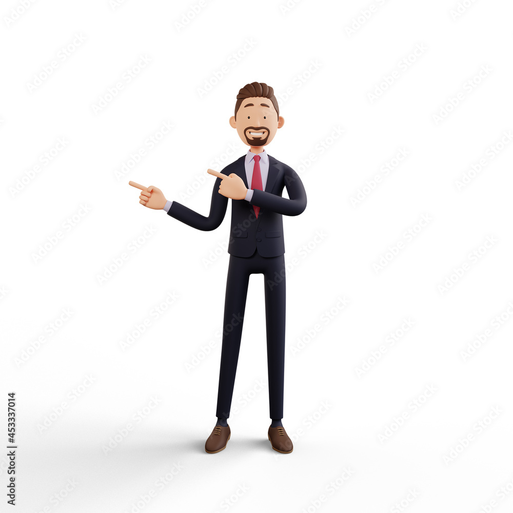 3d business man character render pointing on right side with two hand in white background 3d business man character render pointing on right side with two hand in white background