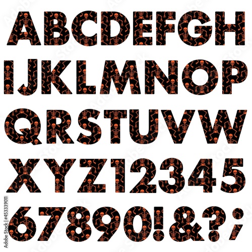 Hallloween orange black skeleton alphabet