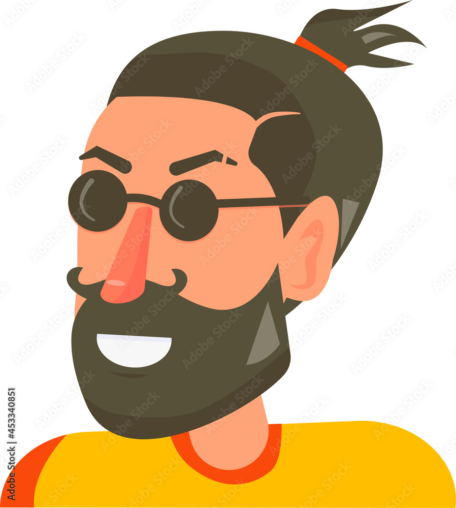Vector hipster character with beard. Flat, cardboard portrait.Man wearing round sunglasses and an elastic band.City resident. White background.