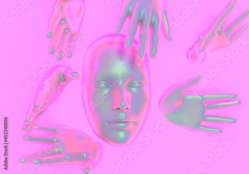 Fototapeta Naklejka Na Ścianę i Meble -  Surrealistic abstract 3d illustration of hands and face emerging and appearing from a wall. Concept of mental health issues.