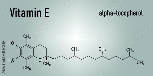 Vitamin E (alpha tocopherol) molecule. Skeletal formula.