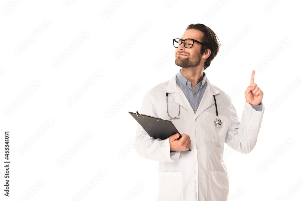 Smiling doctor with clipboard having idea isolated on white Smiling doctor with clipboard having idea isolated on white