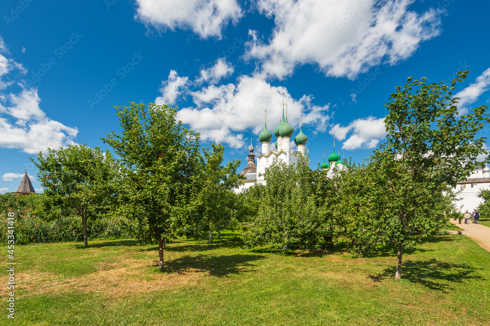 Rostov Veliky, Yaroslavl region, Russia - August 4, 2021: Apple orchard in the Rostov Kremlin