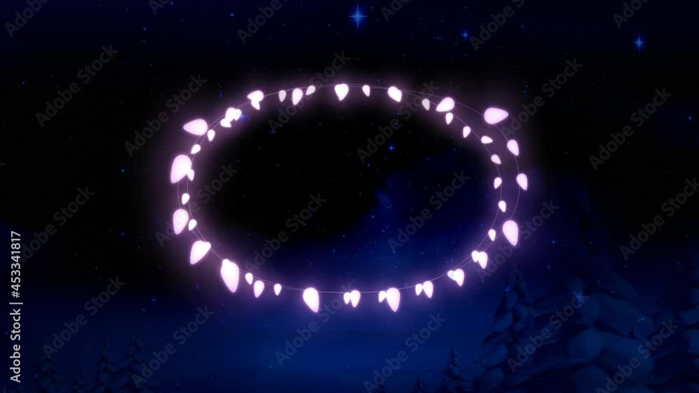Pink glowing decorative fairy lights against shining blue stars in night sky Pink glowing decorative fairy lights against shining blue stars in night sky