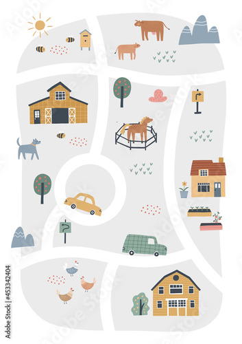 Cute village map with houses and animals. Hand drawn vector illustration of a farm. Town map creator