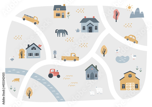 Cute village map with houses and animals. Hand drawn vector illustration of a farm. Town map creator