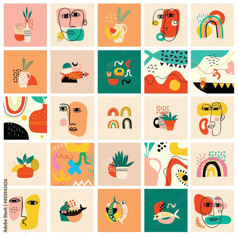 Set of hand drawn various faces, shapes and doodle objects. Abstract contemporary modern vector illustration. Set of hand drawn various faces, shapes and doodle objects. Abstract contemporary modern vector illustration.
