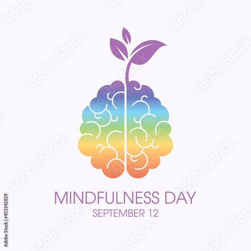 Mindfulness Day vector. Chakra human brain with growing plant icon vector. Human brain with sprout rainbow silhouette icon vector. Mindfulness Day Poster, September 12. Important day