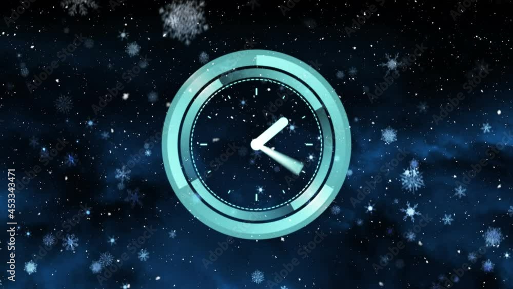 Neon digital clock ticking over snowflakes falling against blue background Neon digital clock ticking over snowflakes falling against blue background
