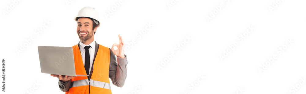 Architect showing okay gesture and holding laptop isolated on white, banner Architect showing okay gesture and holding laptop isolated on white, banner