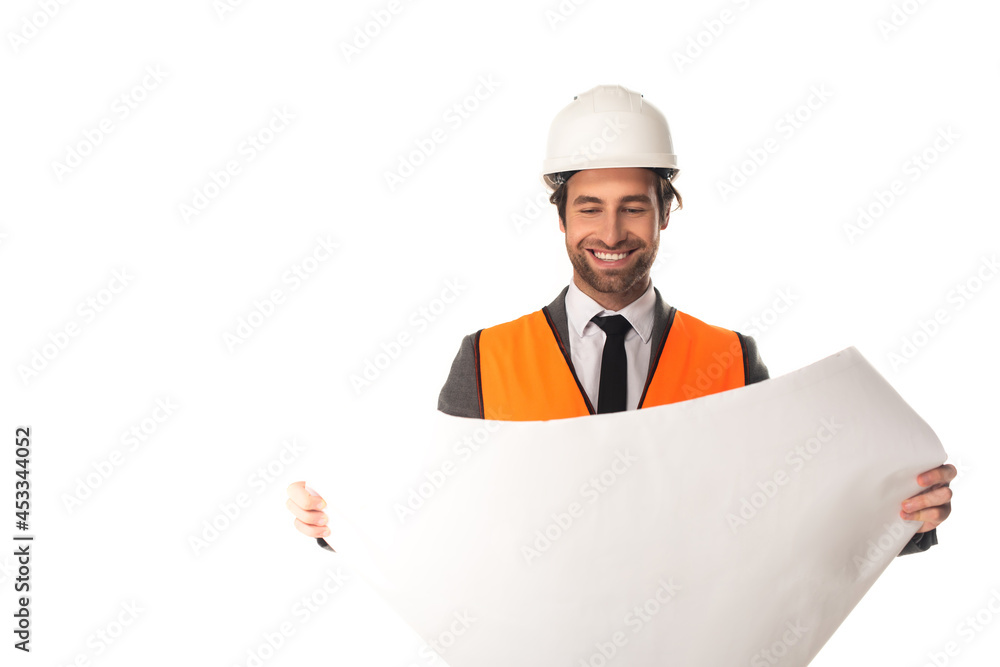 Smiling engineer holding blueprint isolated on white