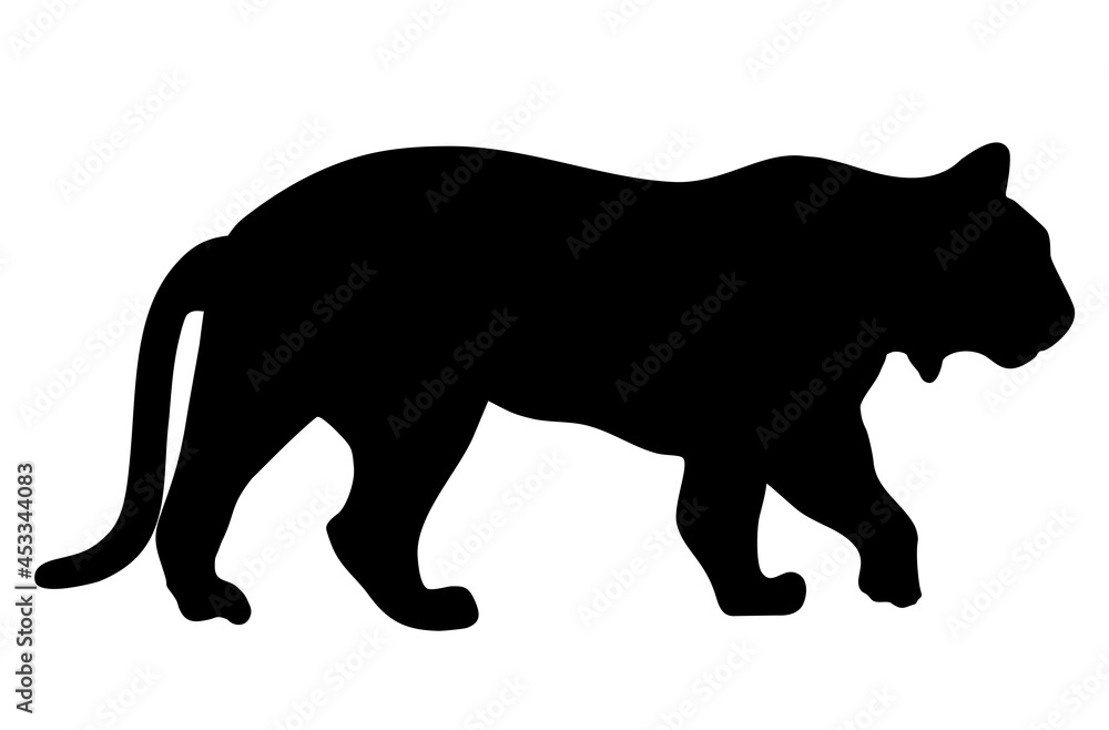 Tiger vector silhouette illustration isolated on white background. Walking Tiger silhouette side view. Big wild cat. Tattoo sign.