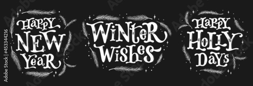 set of Christmas lettering quotes on black background. Good for posters, cards, signs, prints, stickers, banners, etc. EPS 10