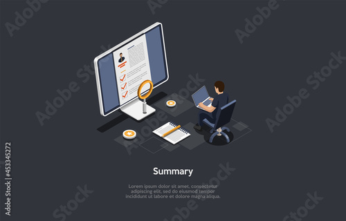 Vector Illustration On Dark Background. Isometric Composition On Summary Concept. Cartoon 3D Style. Business Resume, Job Application Candidate Form, Human Resources Agent. Computer Screen, Character
