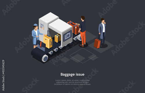 Vector Composition. Isometric Design, Cartoon 3D Style. Baggage Issue. Problems With Luggage Suitcases, Forbidden Items In Bags. Three Characters. Airport Control Worker, Checking Line, Customers