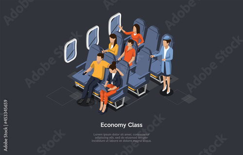 Vector Composition. Isometric Design, Cartoon 3D Style. Economy Class Aircraft Flight. Airplane Inside, Crew Member And Group Of Passengers Sitting. Writing And Dark Background. Infographic Objects