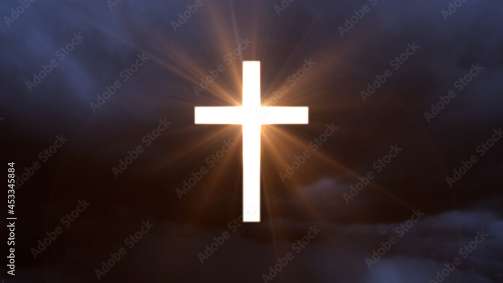 glowing christian cross symbol on cloudy sky backdrop , abstract 3D illustration glowing christian cross symbol on cloudy sky backdrop , abstract 3D illustration