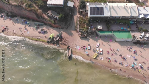 Sandy beach on a steep bank. Odessa region, Sanzheyka. View from the drone. photo