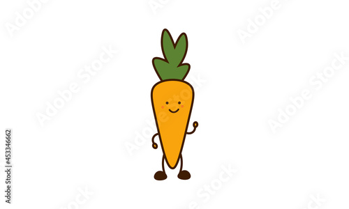 Cute cartoon carrot. Cartoon vegetable character Pin, Icon, Sticker. Funny emoticon.  Food emoji.