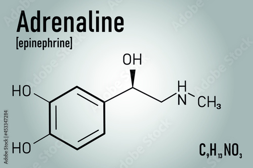 Adrenaline (adrenalin, epinephrine) neurotransmitter molecule. Used as drug in treatment of anaphylaxis Skeletal formula. photo