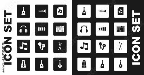 Set Music book with note, Xylophone, Headphones, Balalaika, synthesizer, Clarinet, Drum sticks and tone icon. Vector