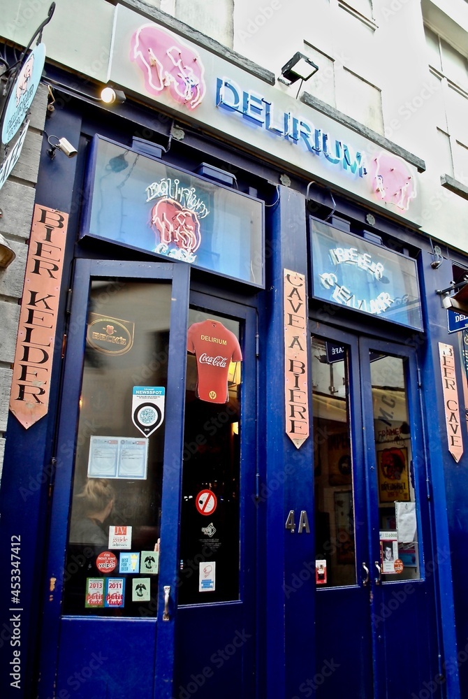 Brussels, Belgium Delirium Café entrance with pink elephant an sign for the beer cave, Delirium