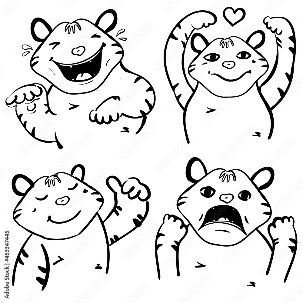 Obraz premium Tiger Coloring Animal Emotional States of Laughter, Love, Approval and Fear Vector Zodiac Chinese New Year