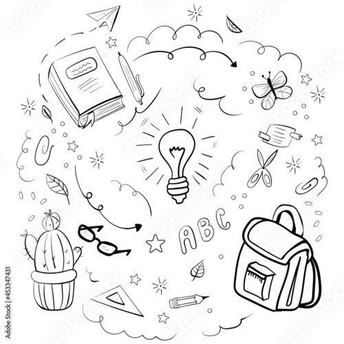 Set of School Supplies, A Light Bulb, A School Backpack etc for Coloring Page or Book